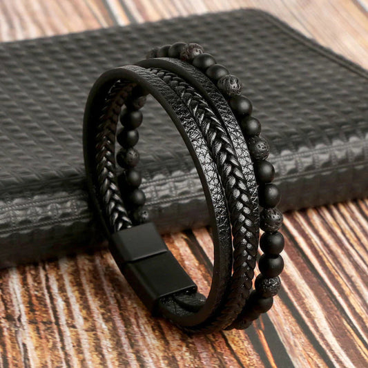 Men’s Layered Leather and Stone Bead Bracelet