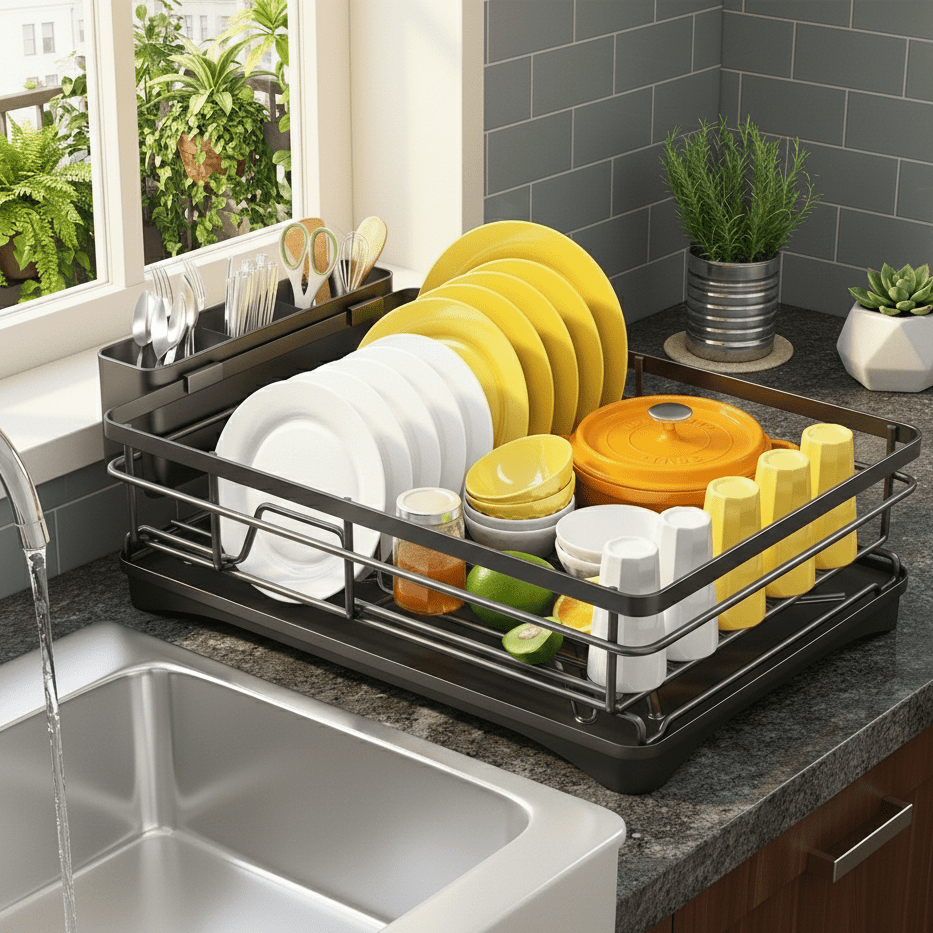 FLOWVA – Geschirrabtropf-Organizer mit praktischem Abtropfschalen-Design